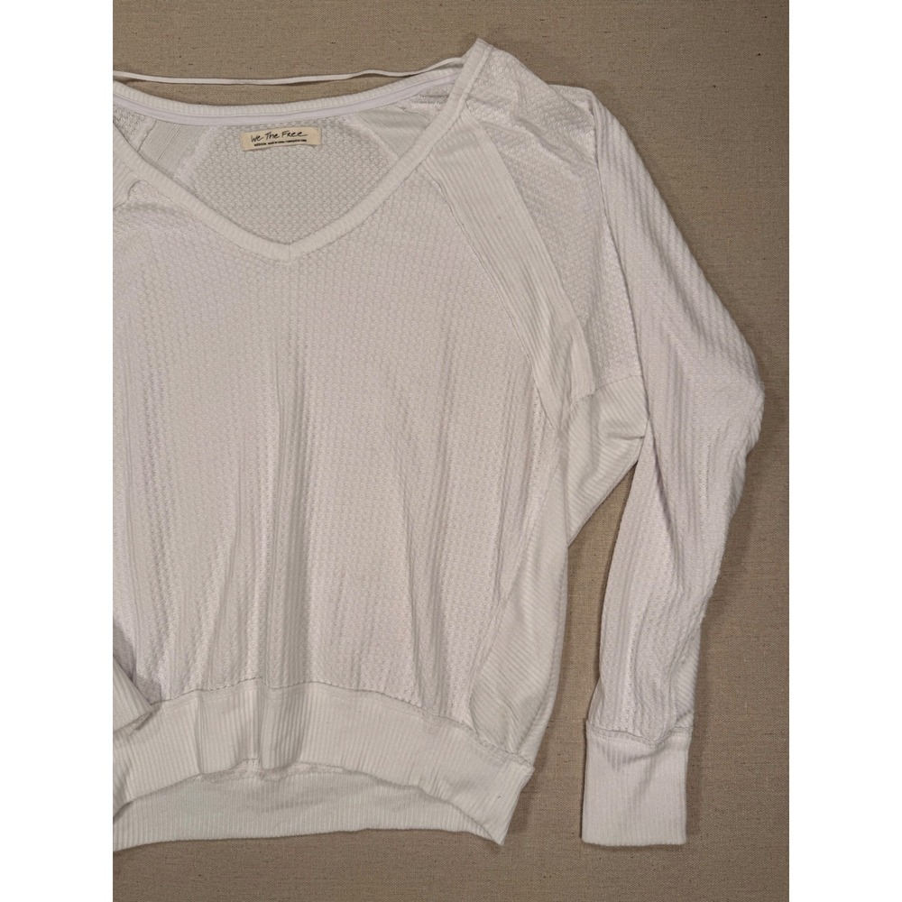 Free People We The Free White Thermal V-Neck Waffle Knit Top Medium